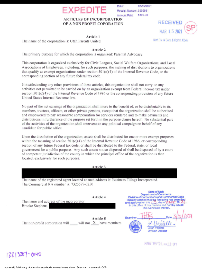 UPU incorporation filing · PDF — record page 1