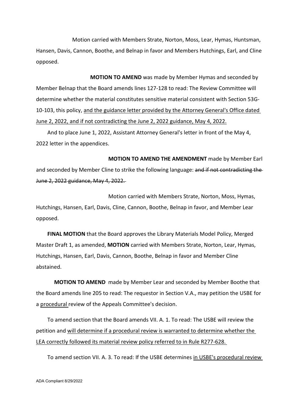 June 30, 2022 minutes, page 4: named votes for and against switching to the merged draft