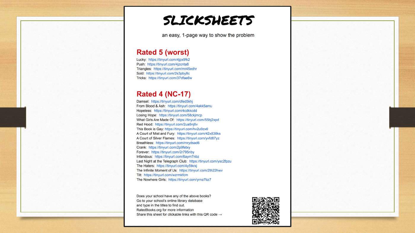 Ivory’s slide shows a one-page “Slicksheets” handout that lists books rated 5 and 4 with short links and a QR code.