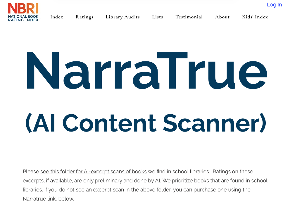 NarraTrue page describing its AI content scanner and preliminary AI excerpt ratings