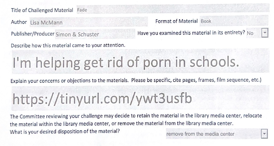 Sample form for Fade marks No for examination in entirety and requests removal from the media center.