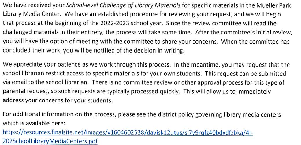 School response promises review in the 2022–2023 school year and full-work reading; offers restrictions for the parent’s own students.