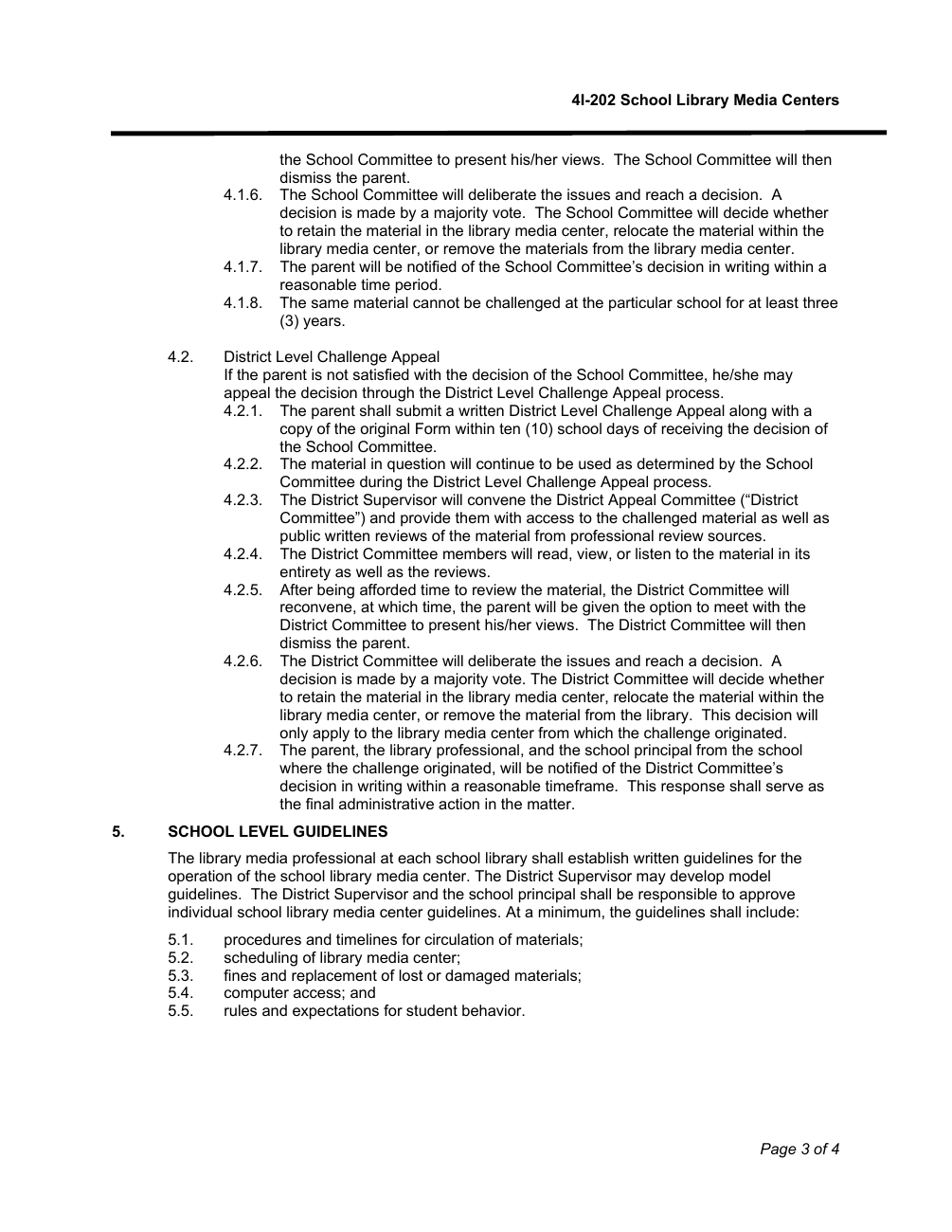2020 policy copy, page 3: Sections 4.2.1 and 4.2.4 specify ten school days for appeal and full-work reading by the district committee.