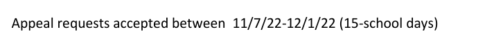 Printed appeal window says November 7 through December 1, 2022.