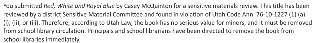 Notice says principals and school librarians have been directed to remove the book immediately.