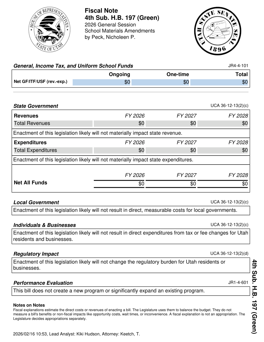 Fiscal note puts HB197’s fourth substitute at $0 — first page of the official fiscal note.