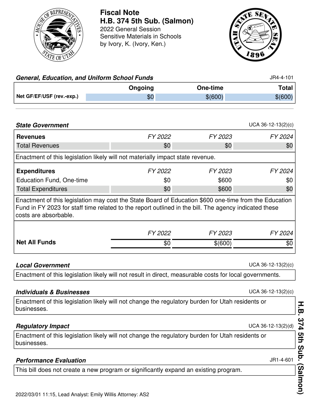 Fiscal note puts HB374’s state cost at $600 — first page of the official fiscal note.