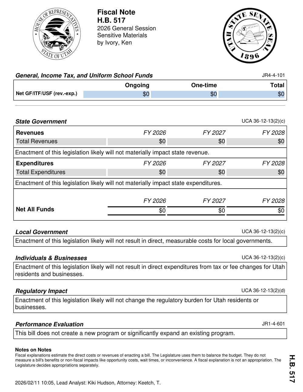 Fiscal note puts HB517 at $0 — first page of the official fiscal note.