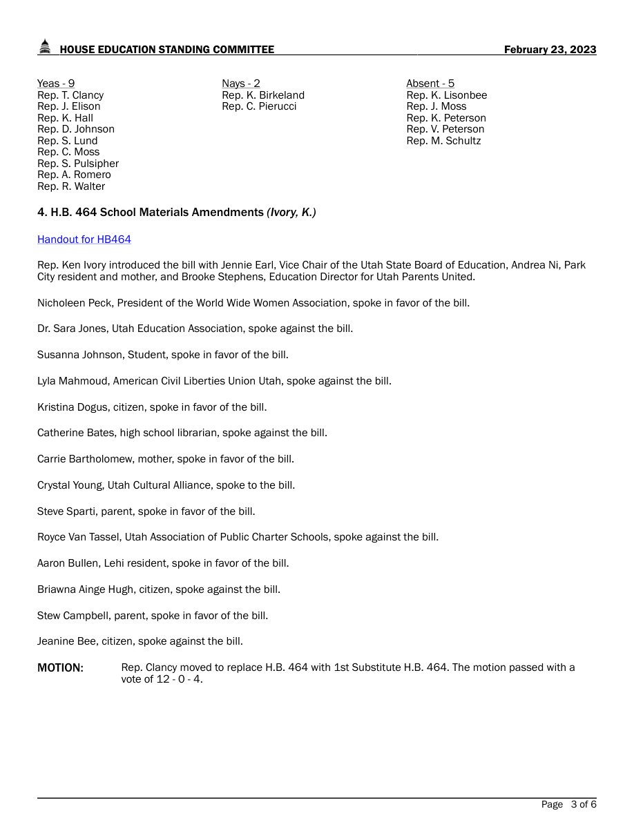 Original record for “Stephens joins Ivory’s HB464 presentation”. The event text describes the relevant passage.
