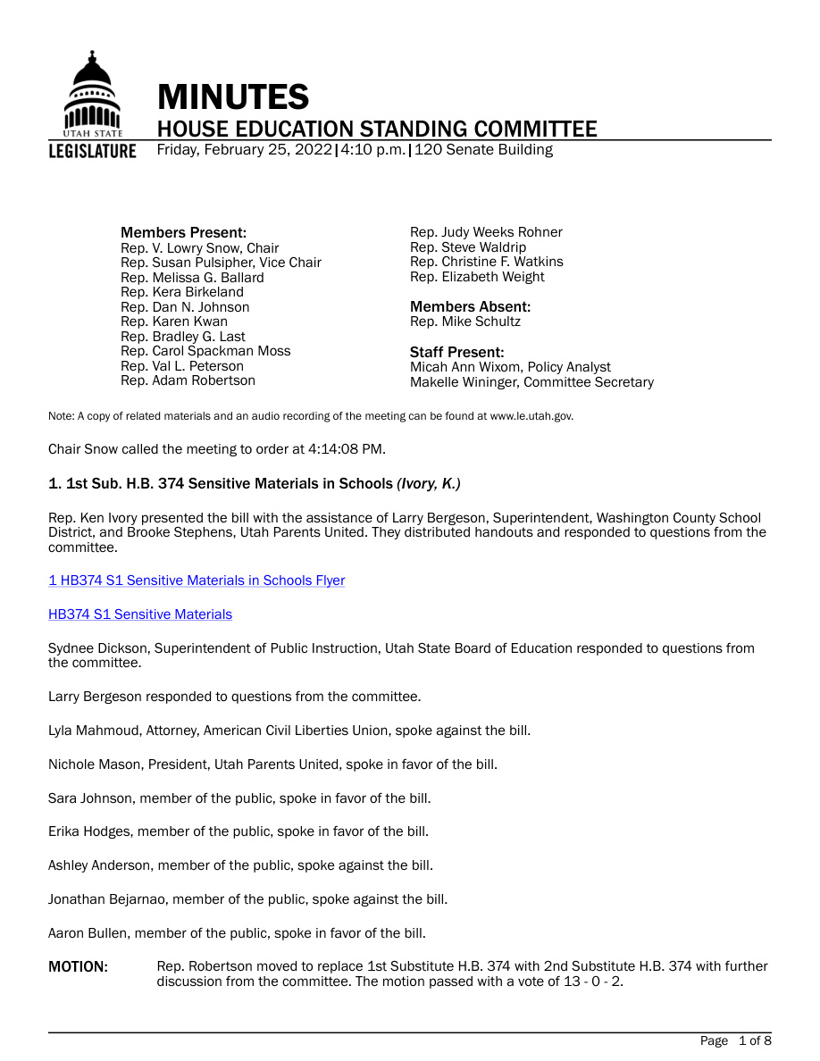 Original record for “Stephens helps Ivory present HB374”. The event text describes the relevant passage.