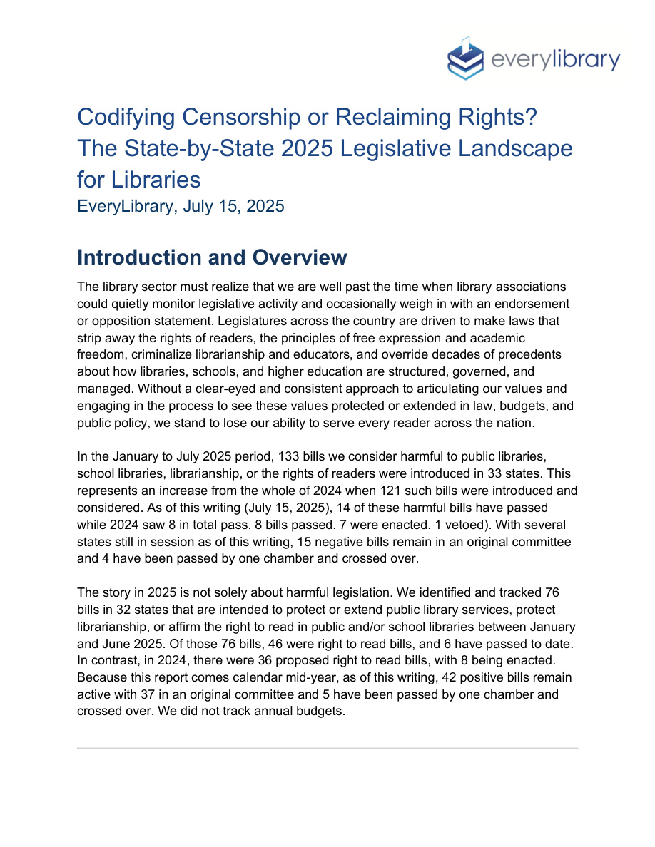 Codifying Censorship or Reclaiming Rights? The State-by-State 2025 Legislative Landscape for Libraries — page 1