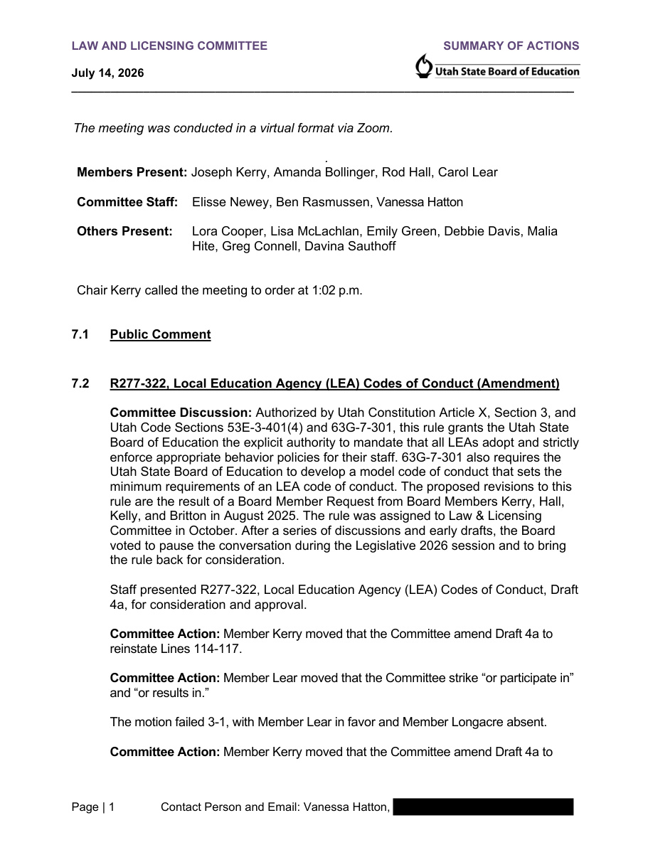 July 14, 2026: July Summary of Actions · PDF, page 1