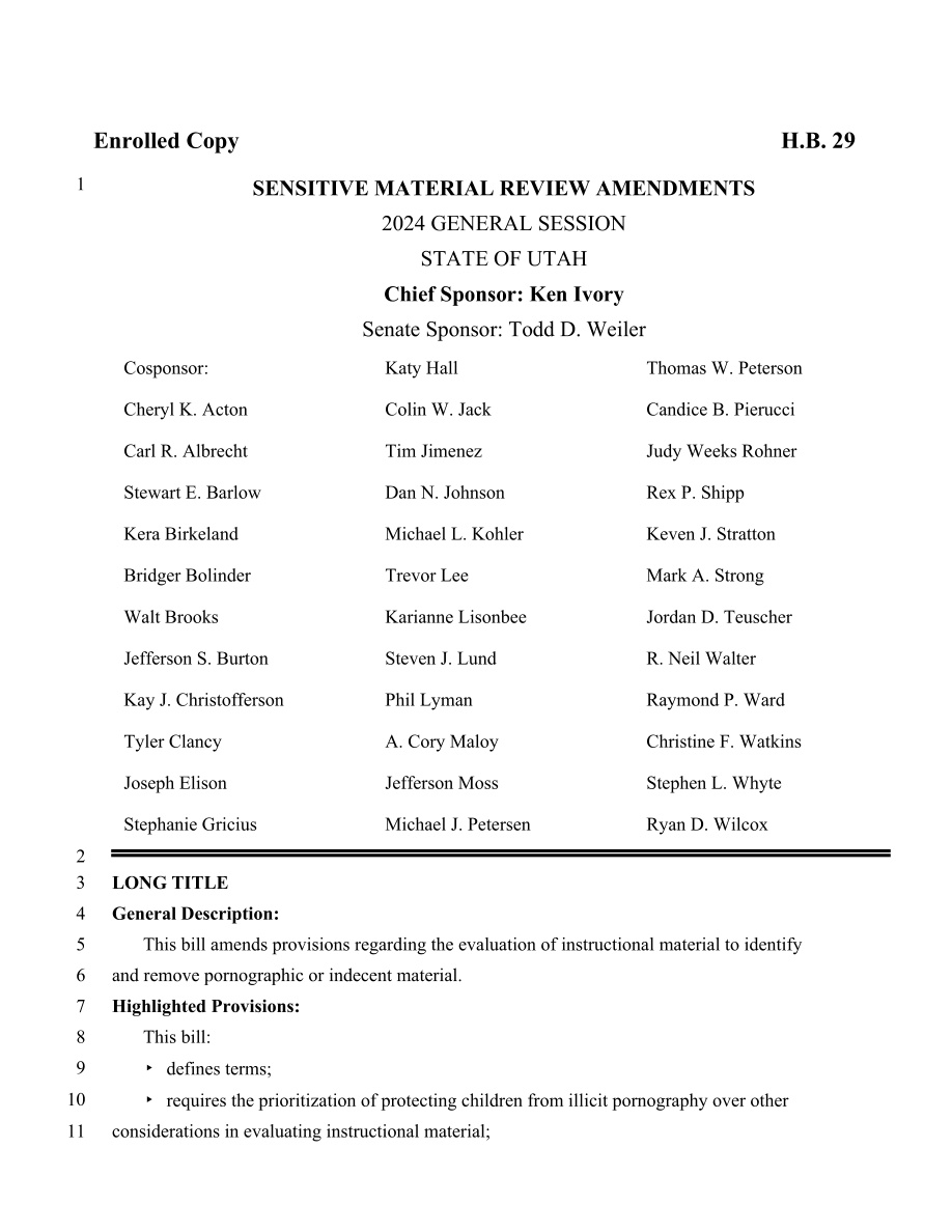 Enrolled HB29 bill title page