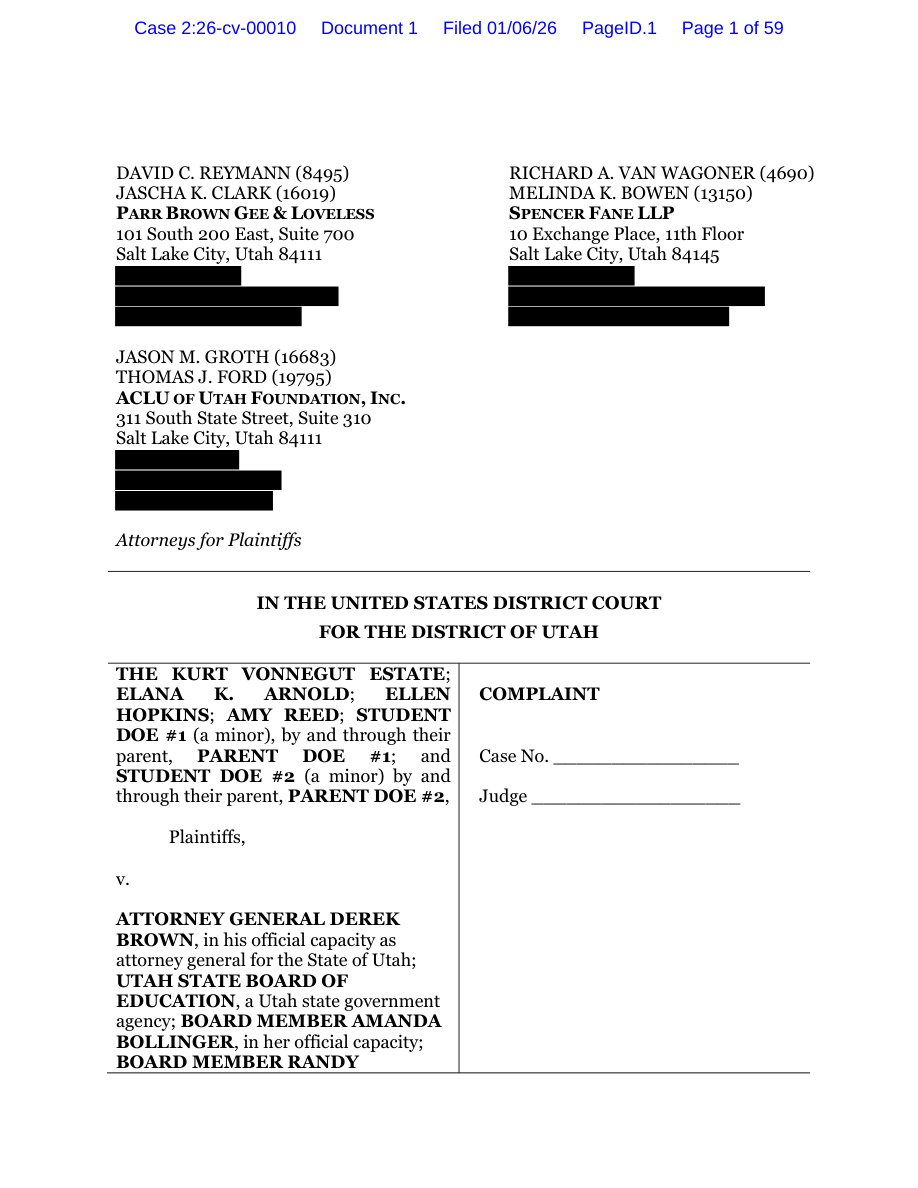 Vonnegut estate and other plaintiffs’ original complaint — page 1