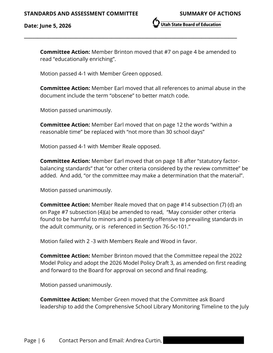 June 5, 2026: committee Summary of Actions, page 6