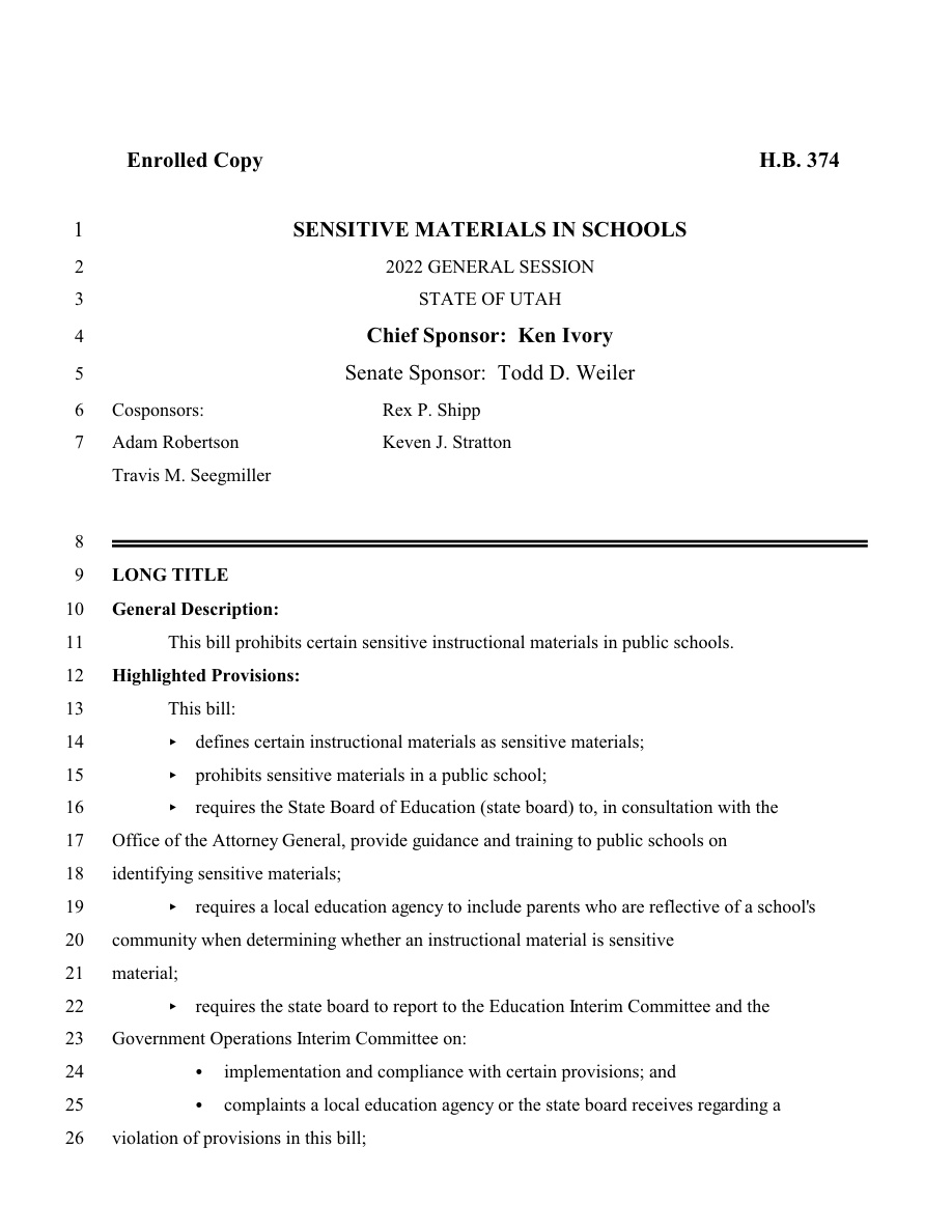Enrolled HB374 bill title page