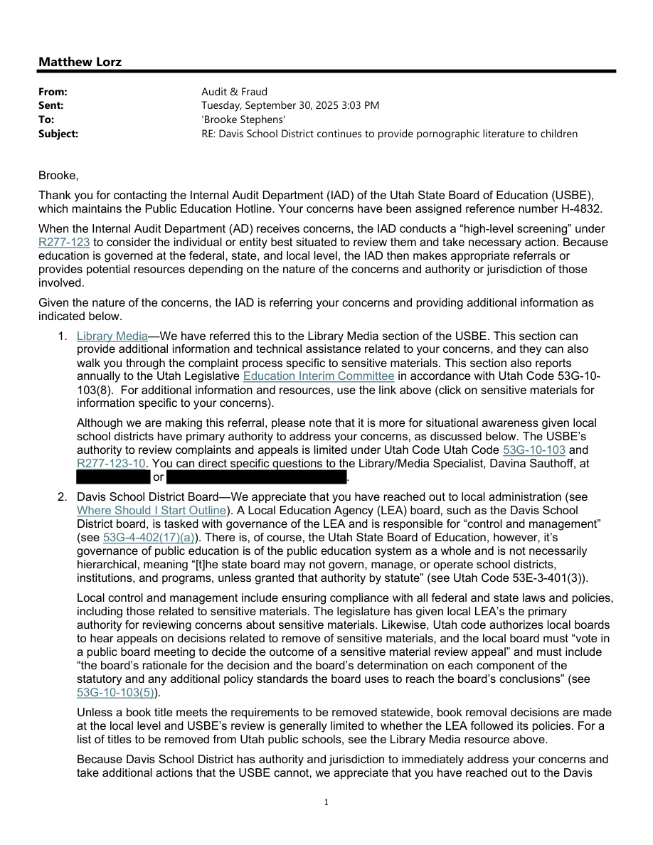 September 30, 2025: USBE response · PDF, page 1