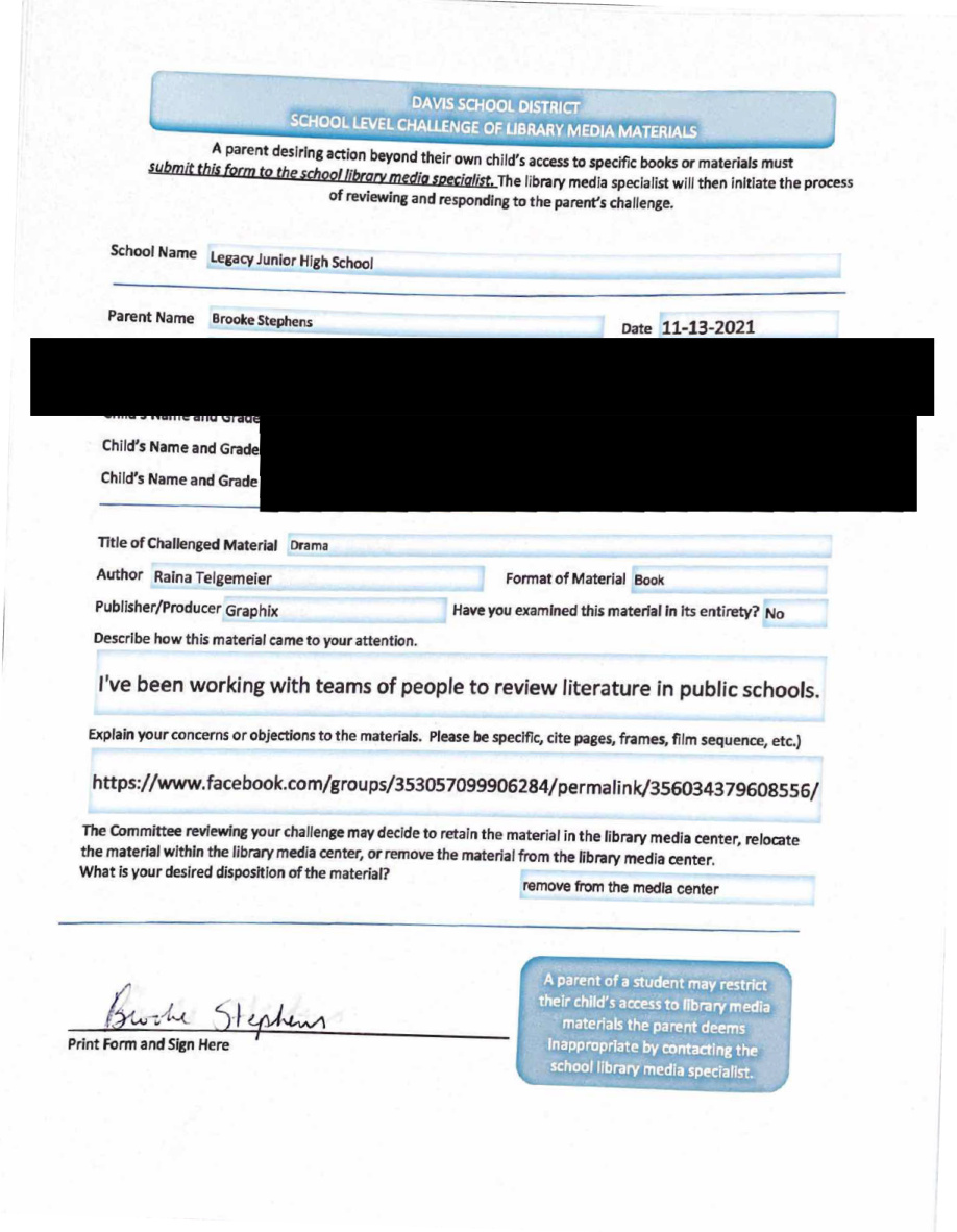Stephens signs nine Legacy Junior High book challenges — record page 1